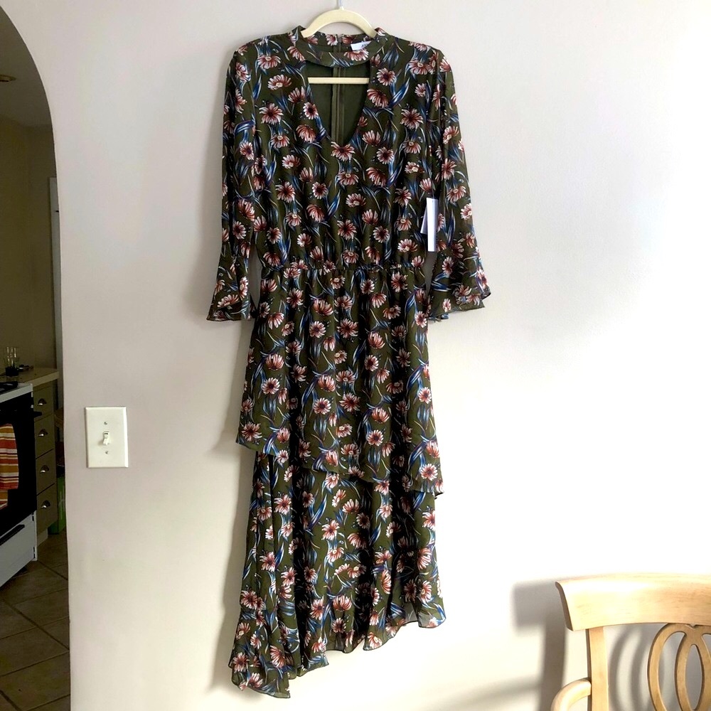 Olive green floral asymmetrical ruffle dress